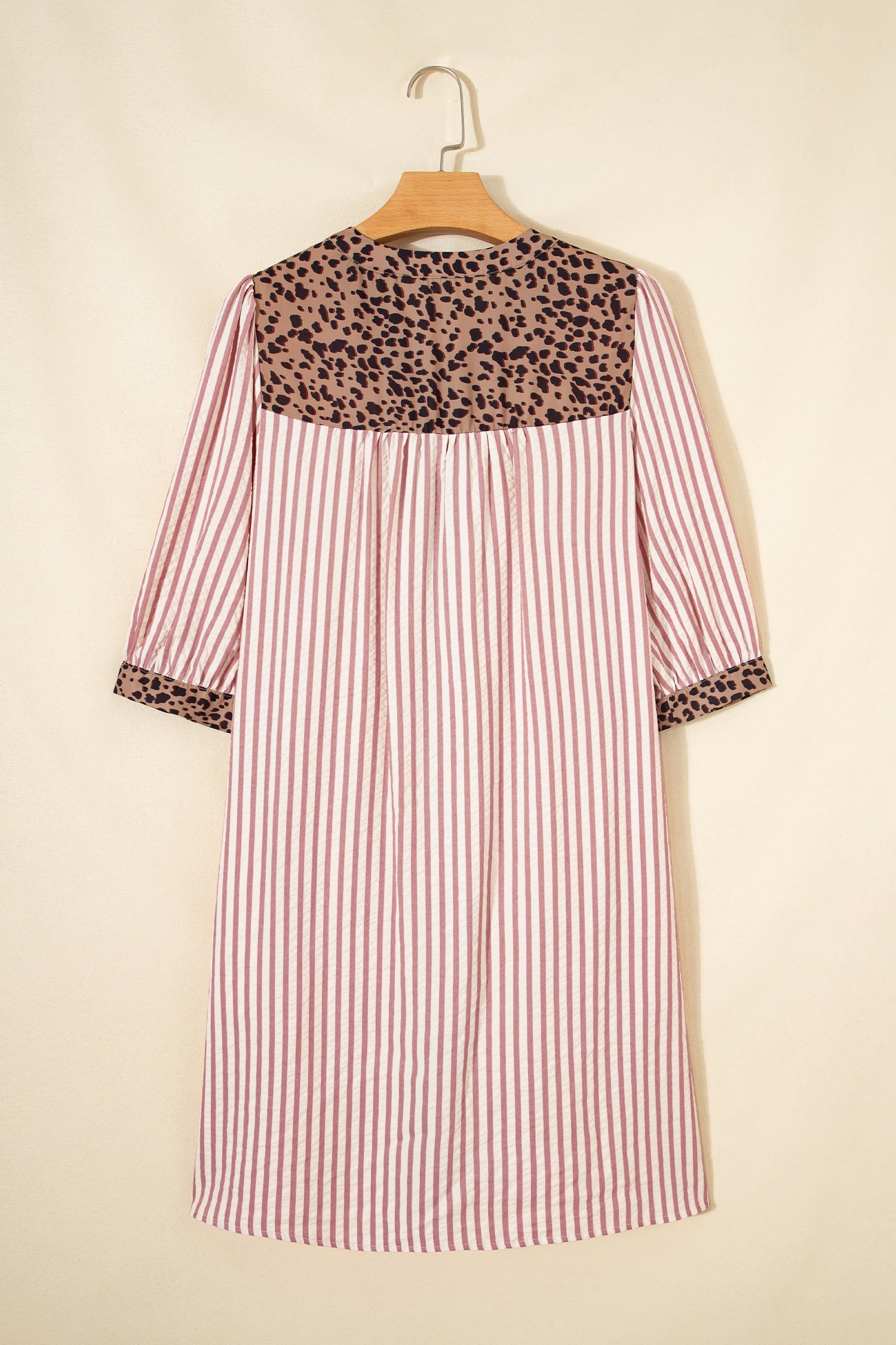 Stripe Square Button Leopard Trim Loose Bracelet Sleeve Shirt Dress in Pink