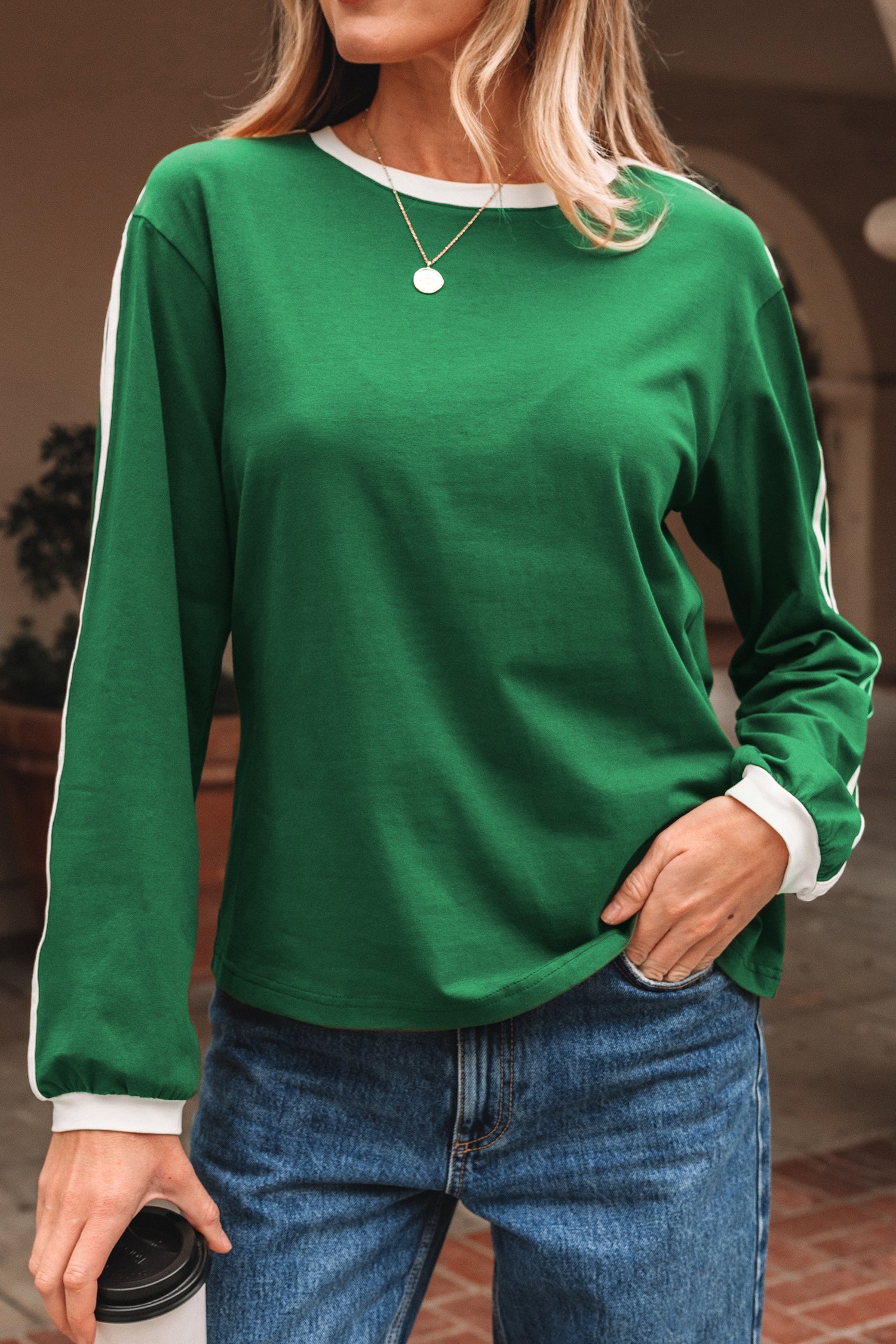 Contrast Crew-Neck Long-Sleeved T Shirt