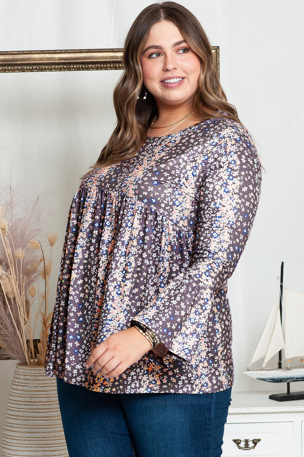 Women's Blouse with Floral-Print Plus Size Babydoll