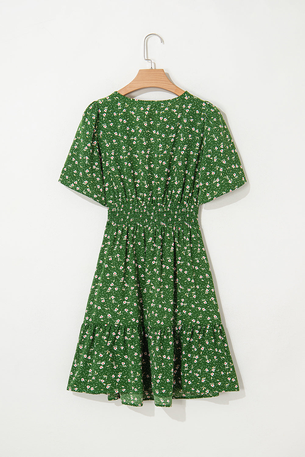 Floral-Print High Wrap V-Neck Waistband Mini Dress in Green