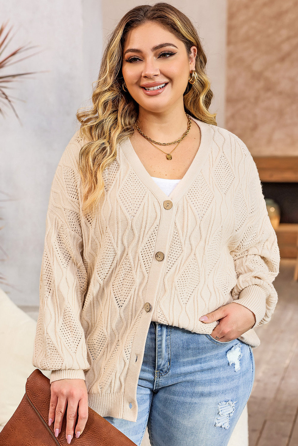 Women's Cardigan Featuring Openwork Plus Size Knitted