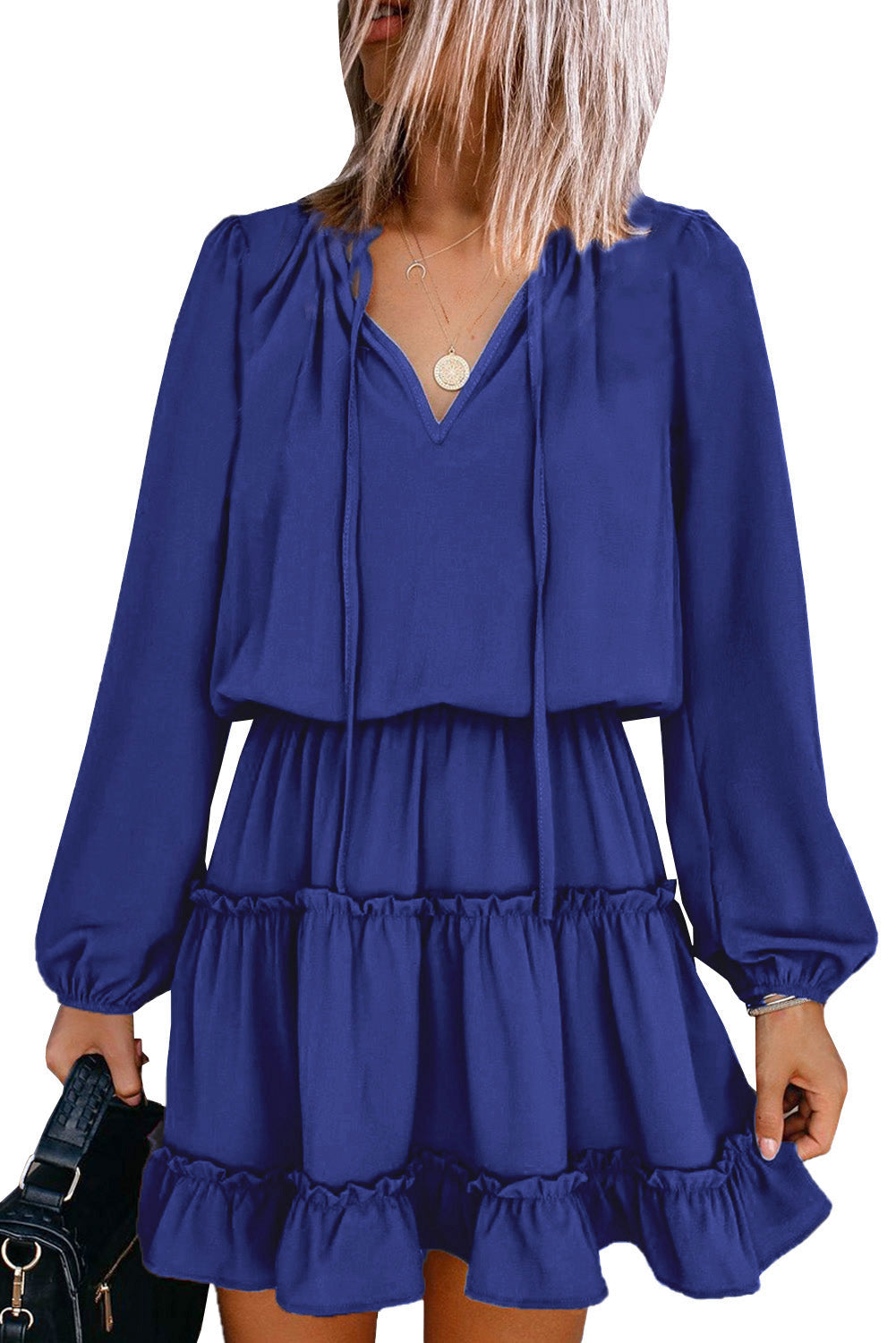 Long-Sleeved Ruffle V-Neck Ruffle Tiered Mini Dress