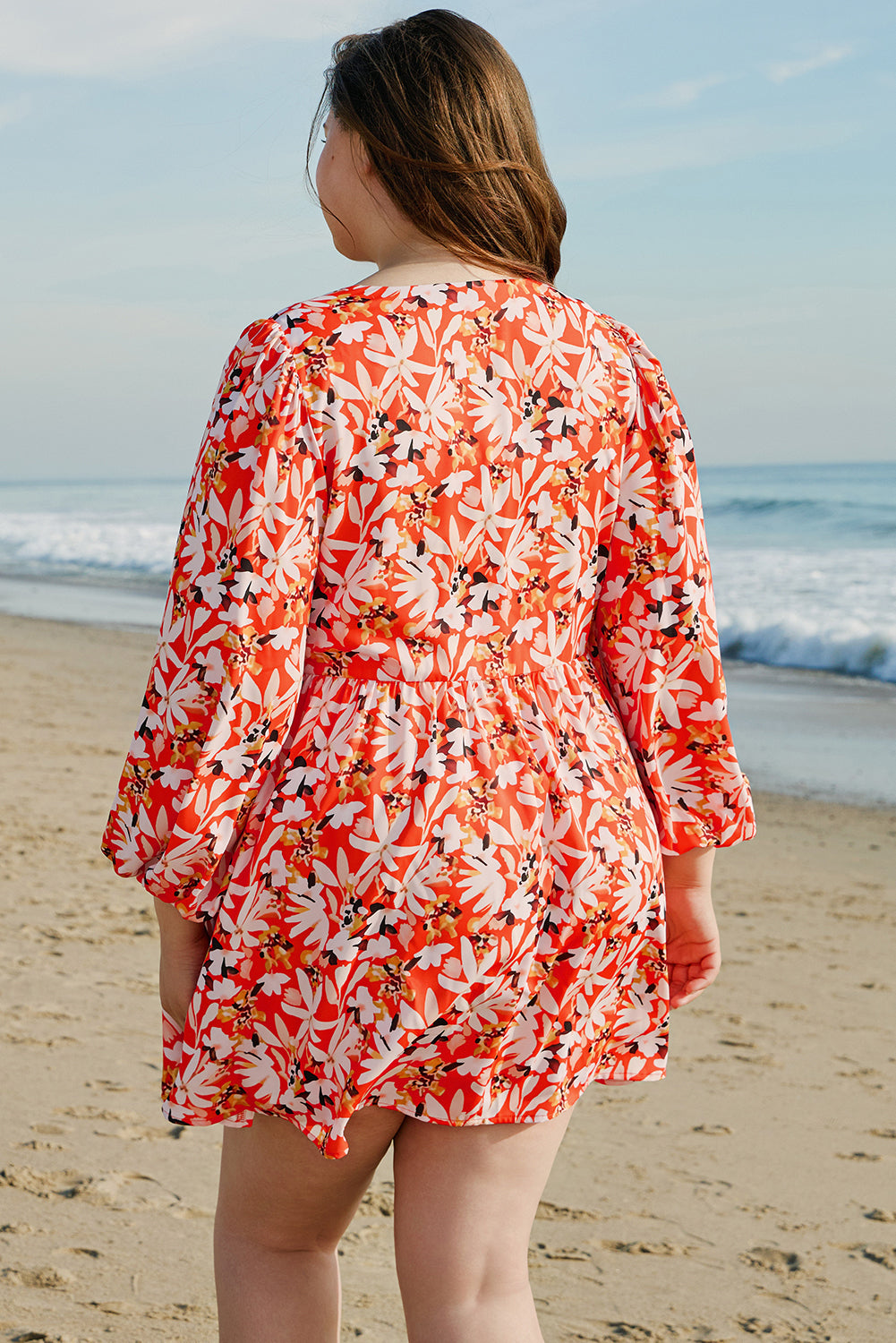 Floral Print Split V Neck Plus Size Dress
