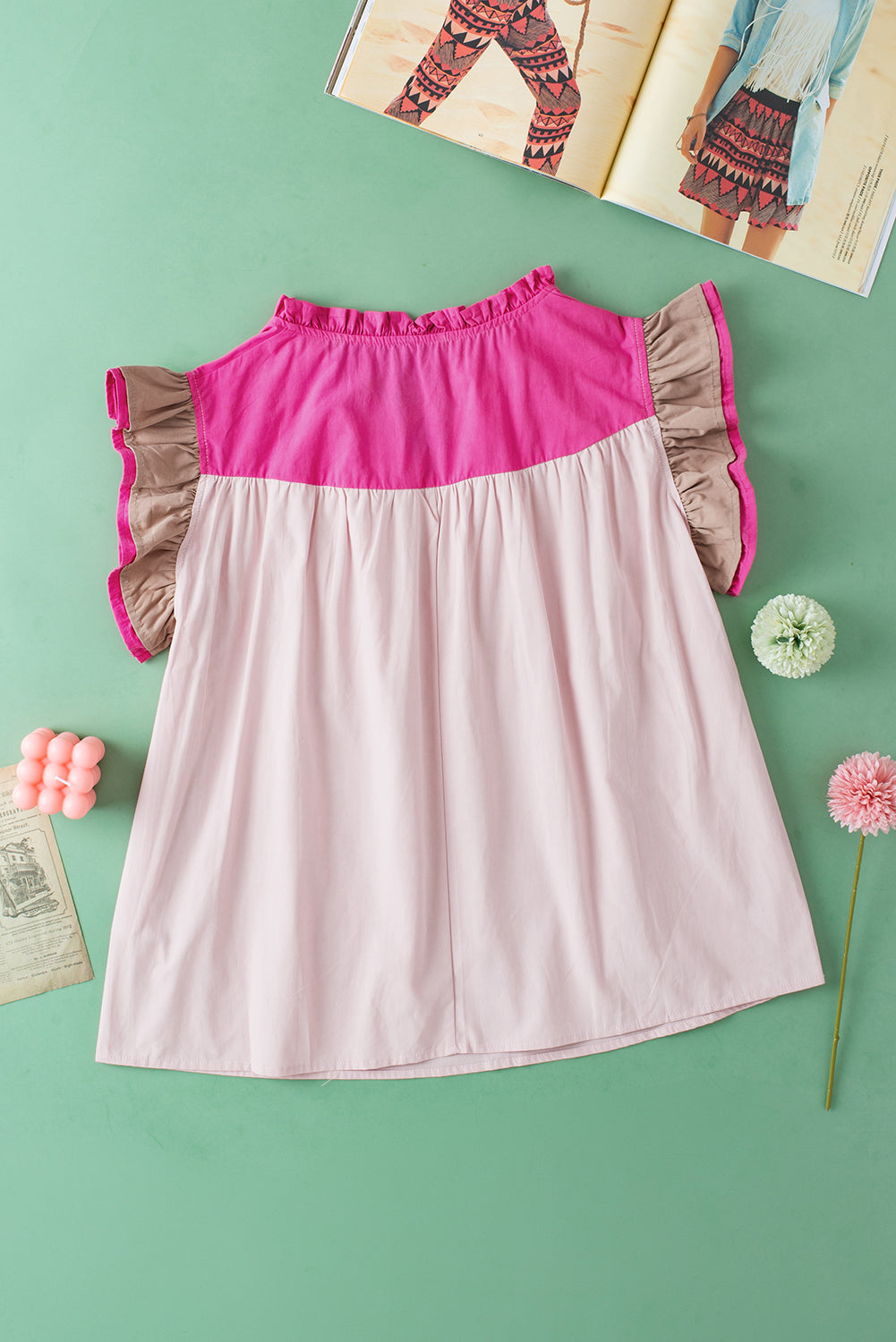 Women's Blouse with Color-Block Ruffle-Trimmed Sleeve Frill V Neck