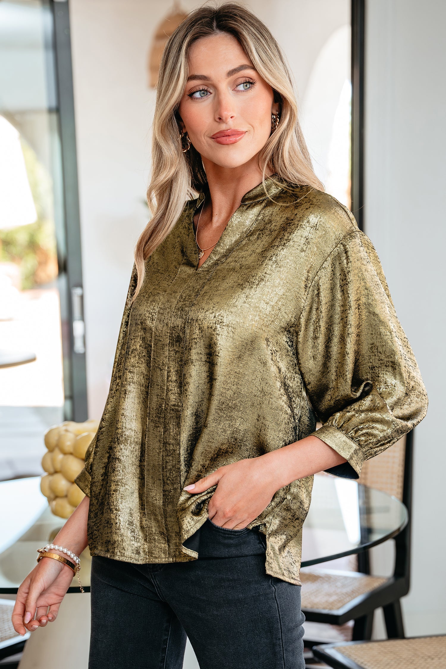 Metallic Half Split Neck Sleeve Blouse