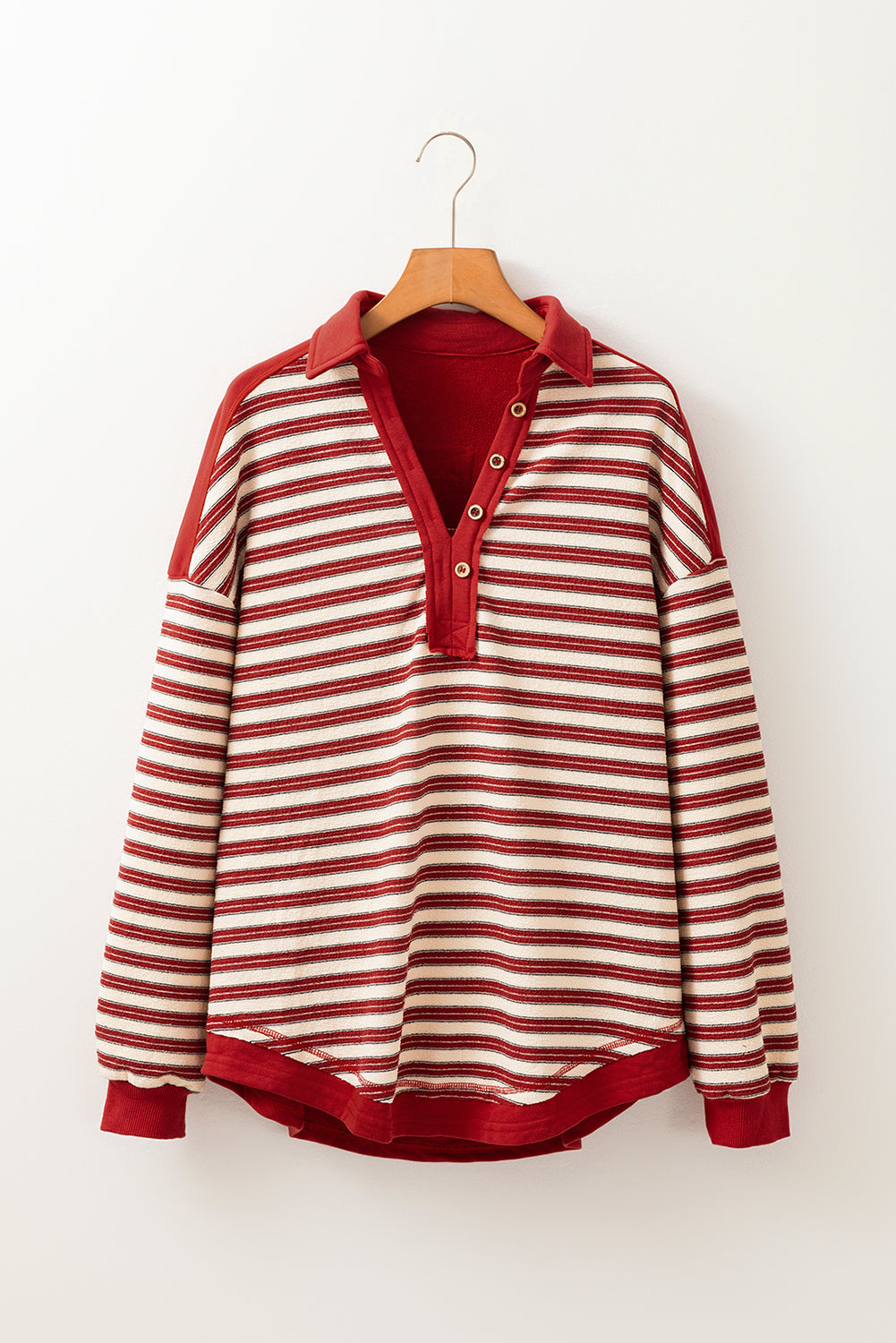 Button-Front V-Neck Collared Drop-Shoulder Top
