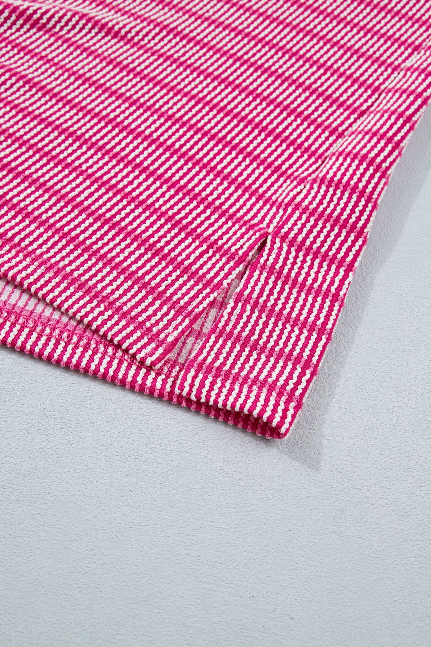 Rose Rib Stripe Raised Loose Tee Drawcord Elastic Waist 2pcs Short Set