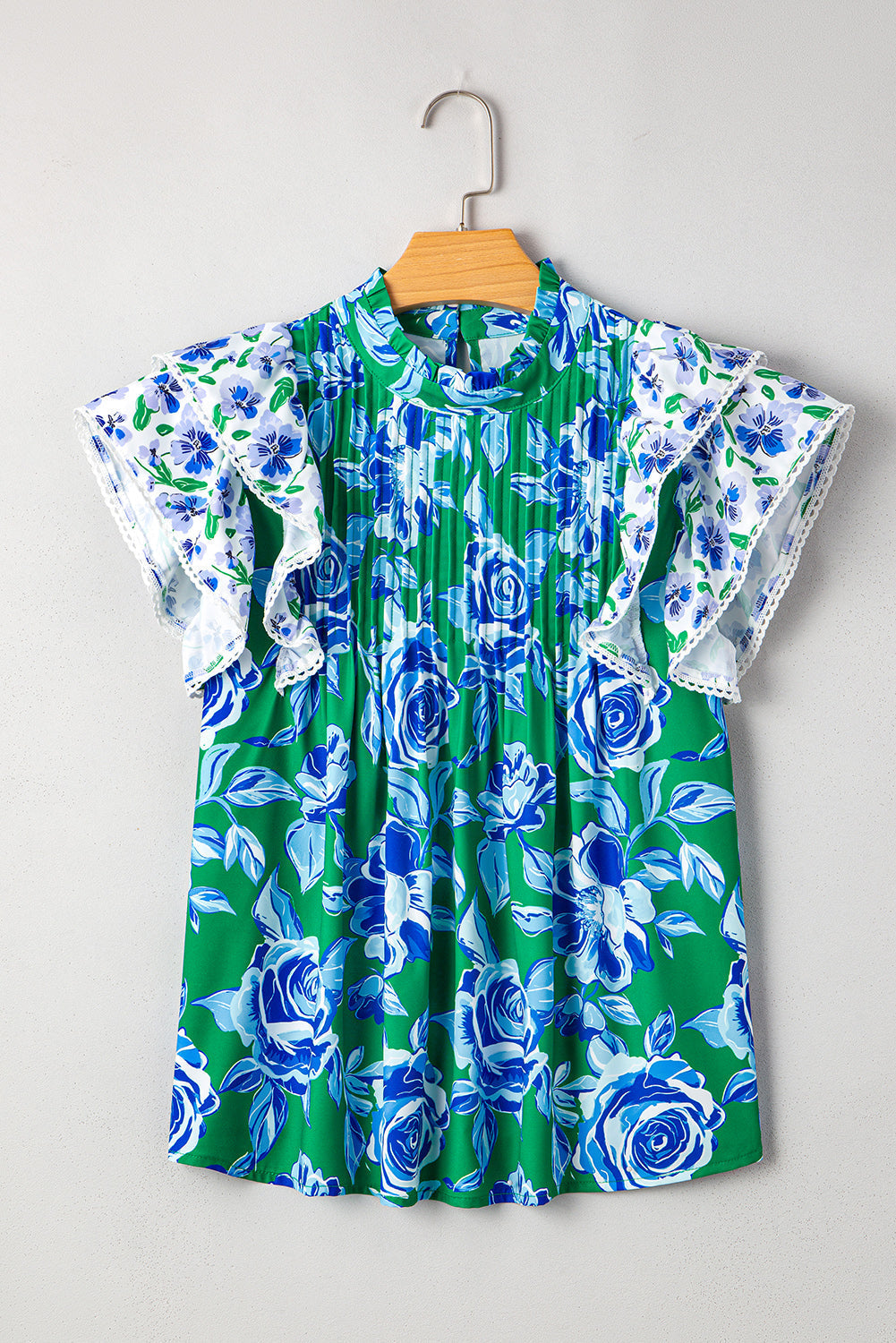 Lace Trim Floral-Print Trim Contrast Ruffle Sleeve Pleated Loose Blouse
