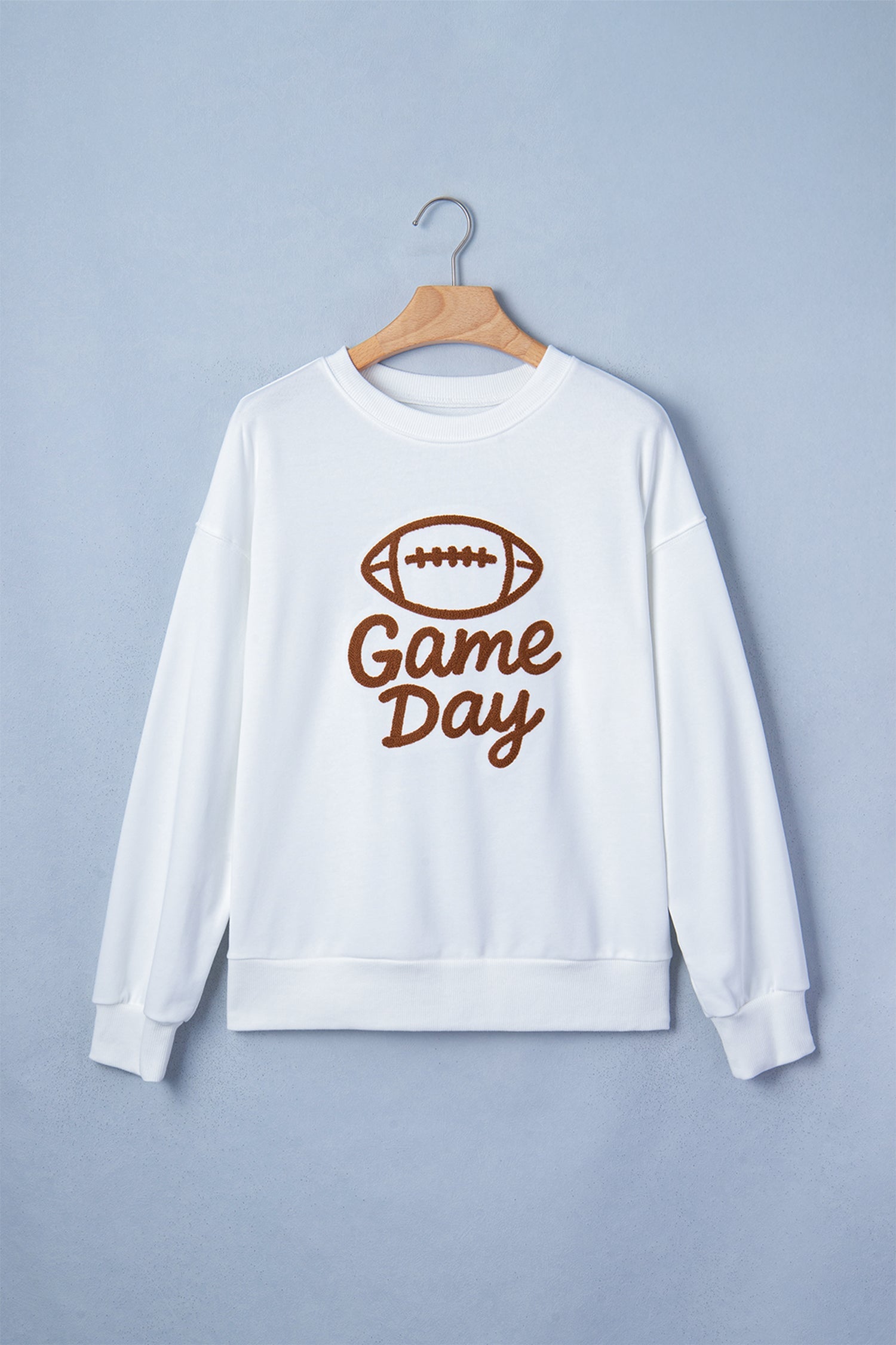 Embroidered Day Slogan Game Rugby Pattern Crewneck Sweatshirt in White