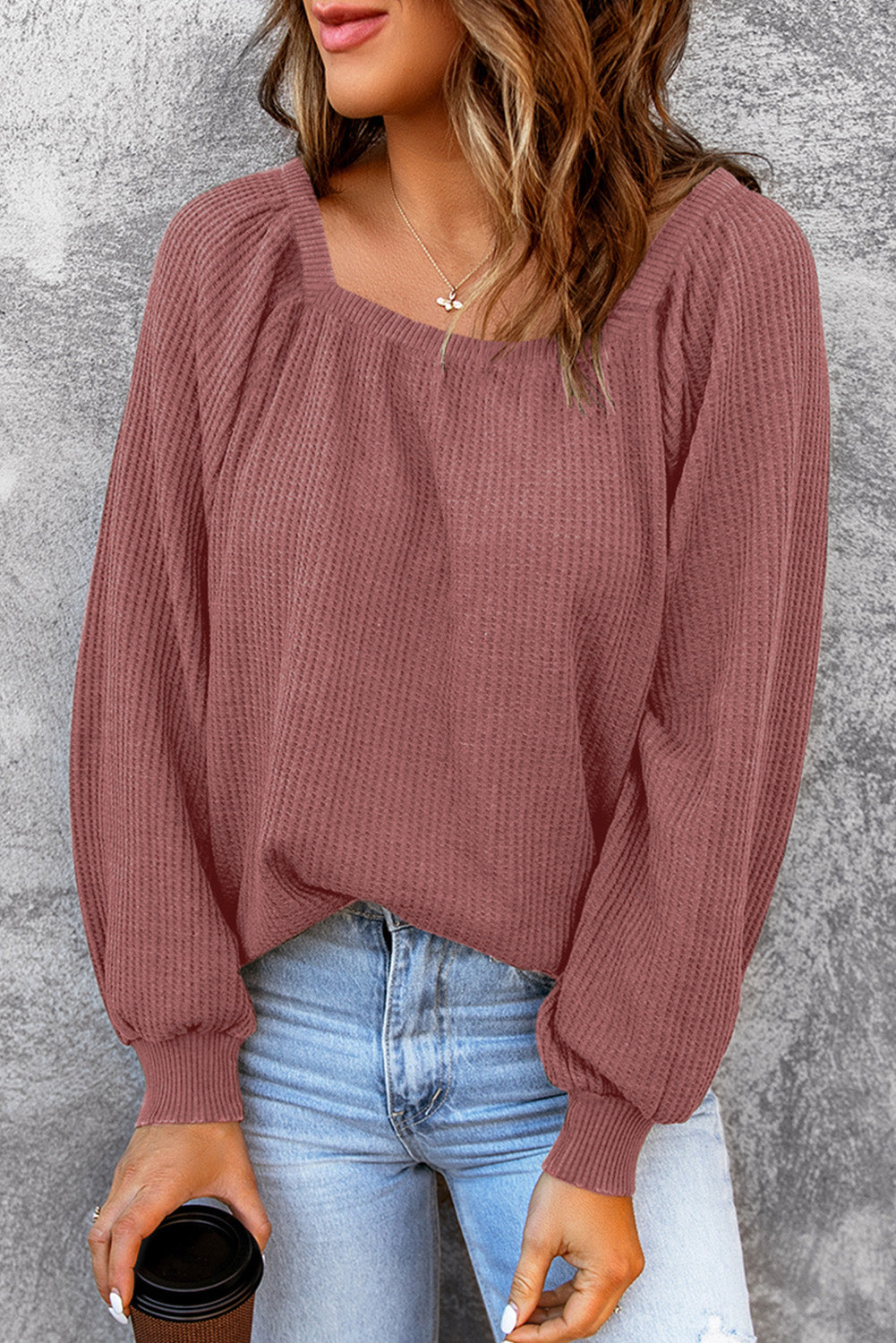 Women's Knit Top with Waffle Balloon Sleeve