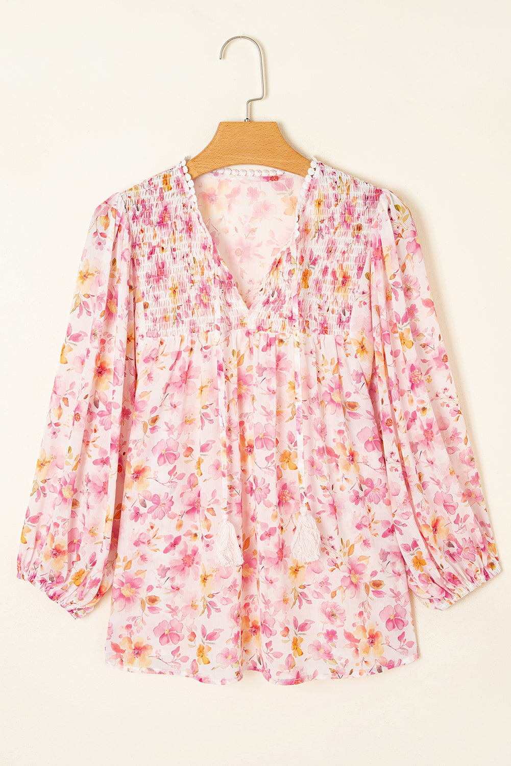 Floral-Print Smocked Tassel Tie V-Neck Puff Sleeve Tunic Blouse