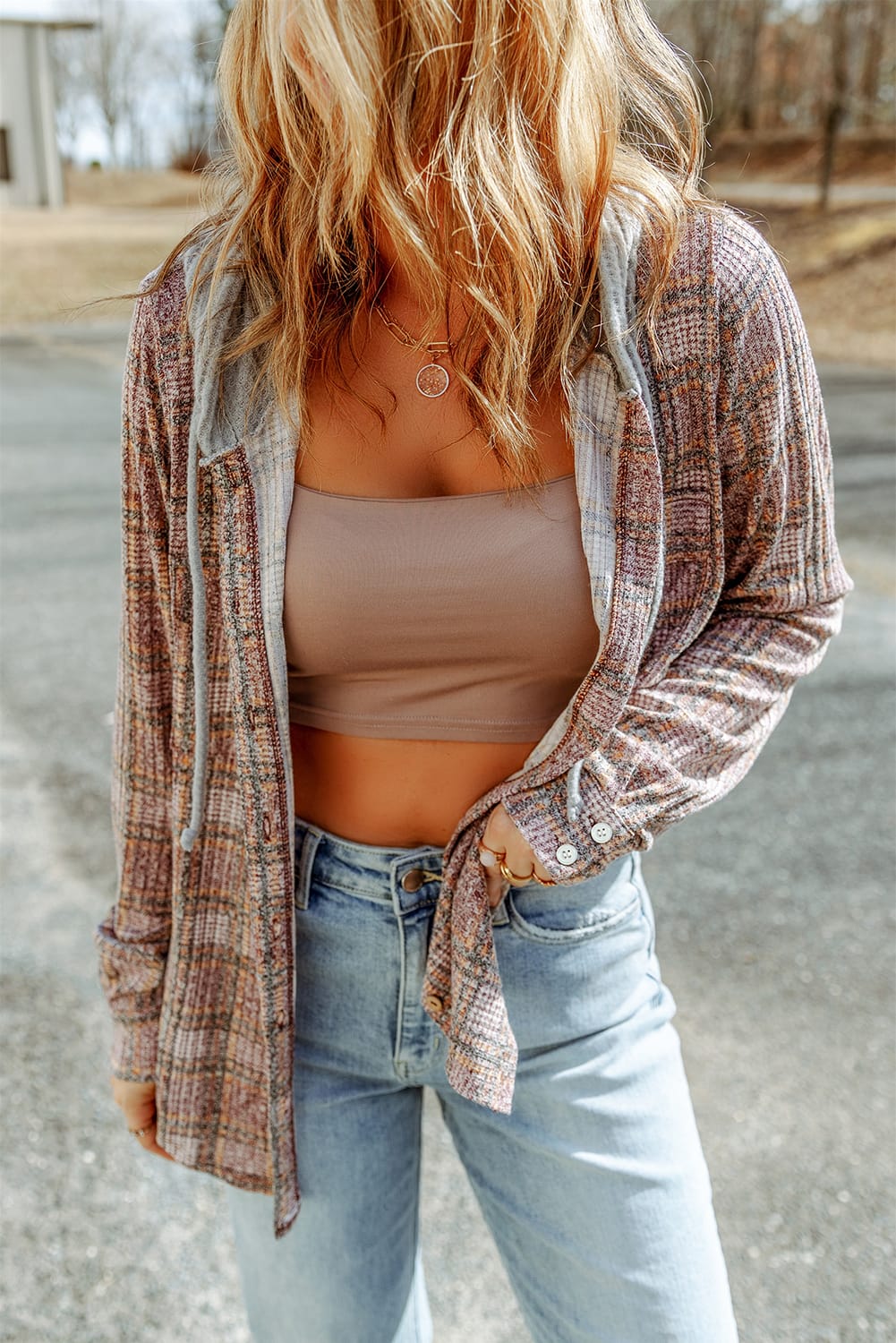 Women's Shacket with Drawcord Plaid Hooded