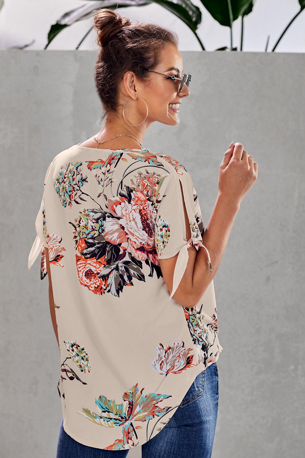 Women's Top with Twist Short-Sleeve Blouse Apricot Floral-Print