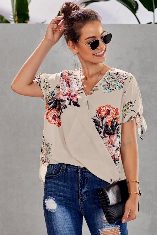 Women's Top with Twist Short-Sleeve Blouse Apricot Floral-Print