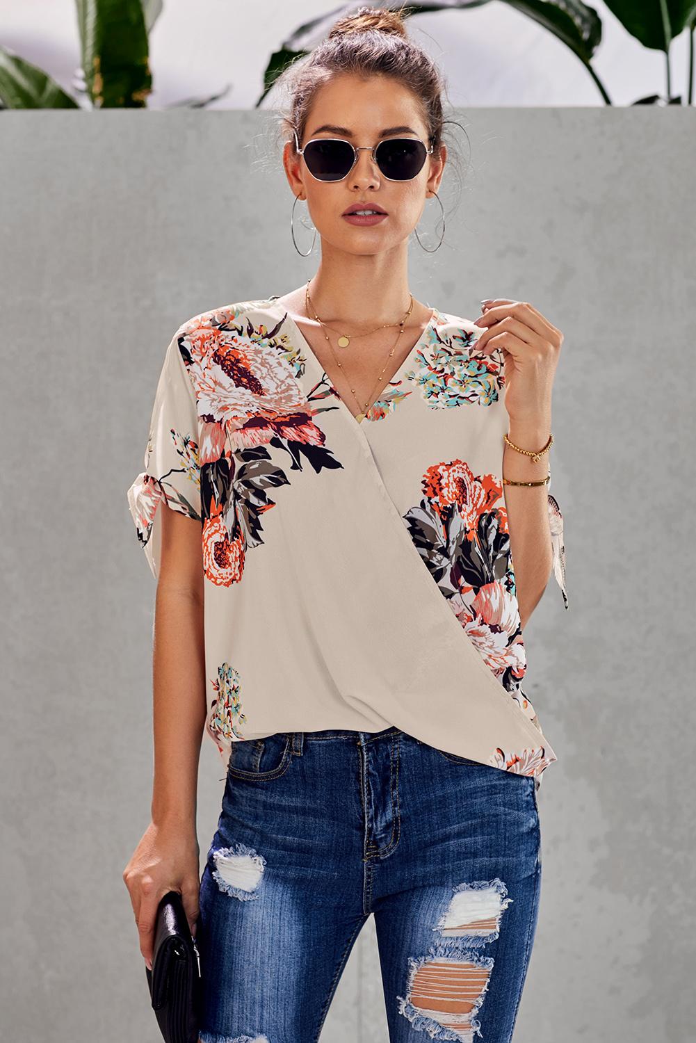 Women's Top with Twist Short-Sleeve Blouse Apricot Floral-Print