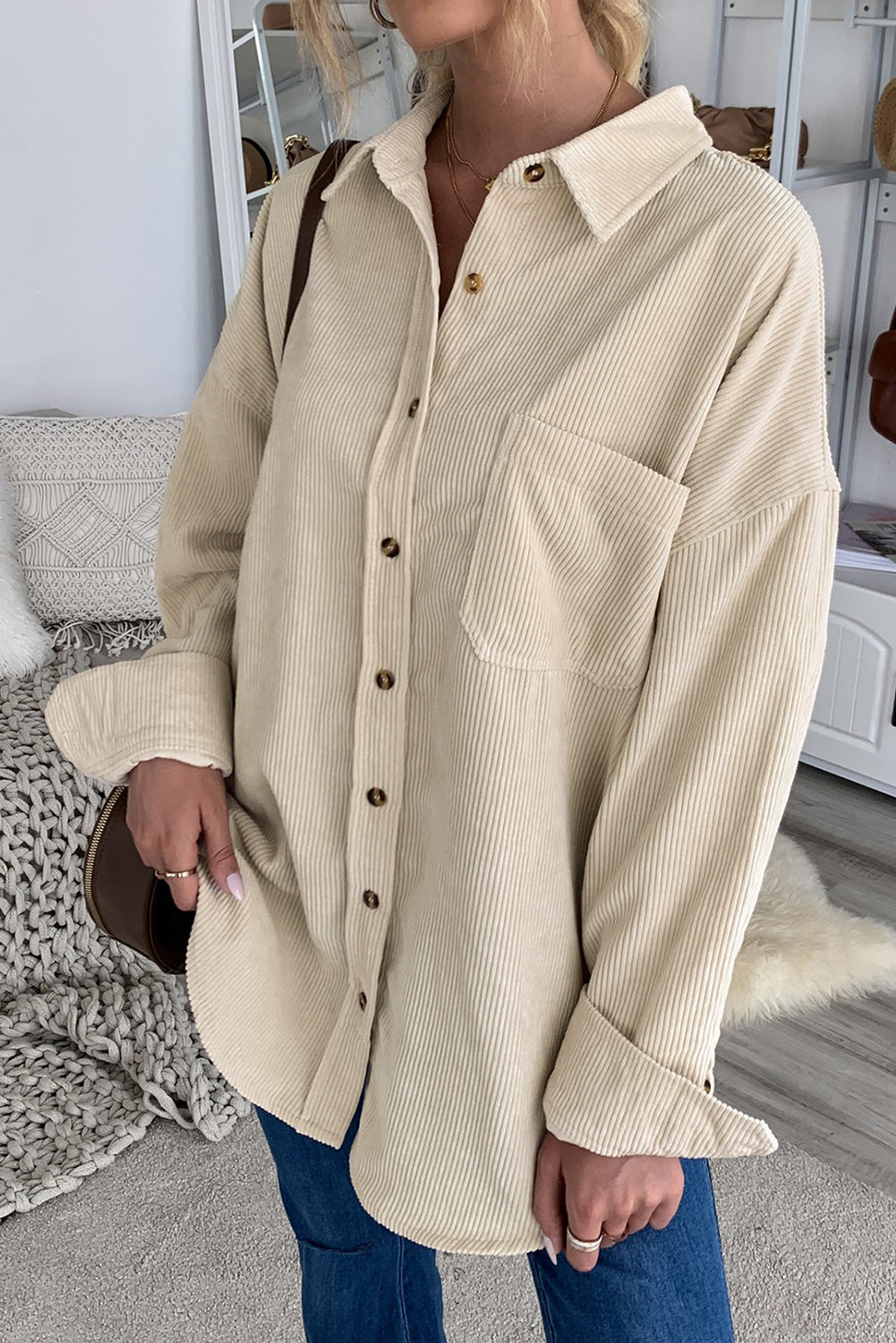 Women's Button Pocke Beige Cord T Shirt