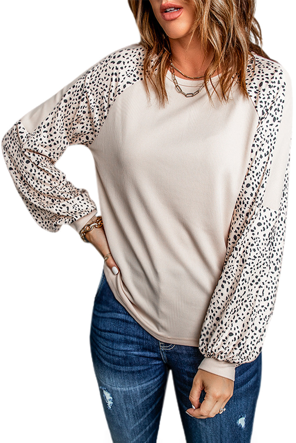 Women's Top with Long-Sleeve Leopard-Print Print