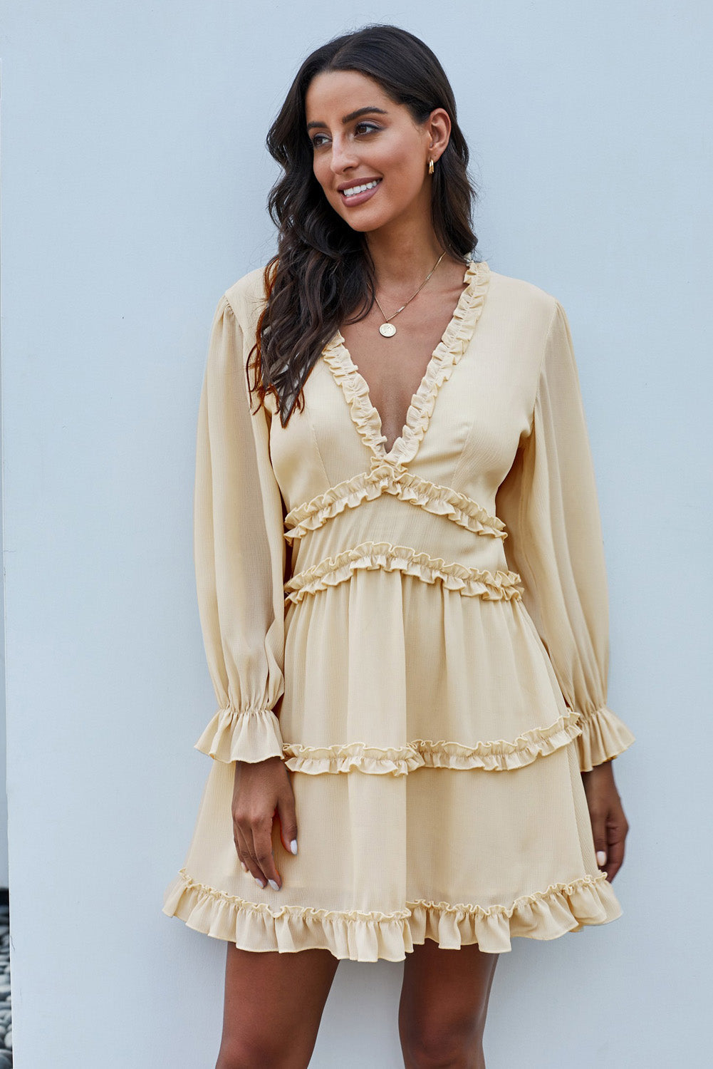 Women's Dress Featuring Beige V Neck Ruffle-Trimmed Detailing Open-Back Long-Sleeve