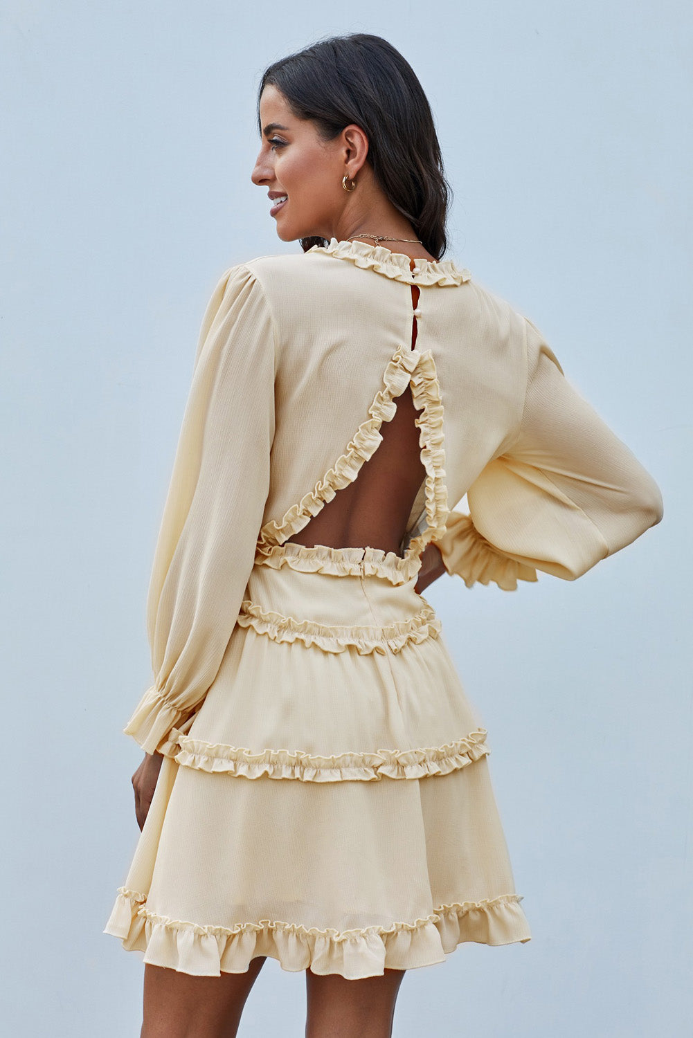 Women's Dress Featuring Beige V Neck Ruffle-Trimmed Detailing Open-Back Long-Sleeve