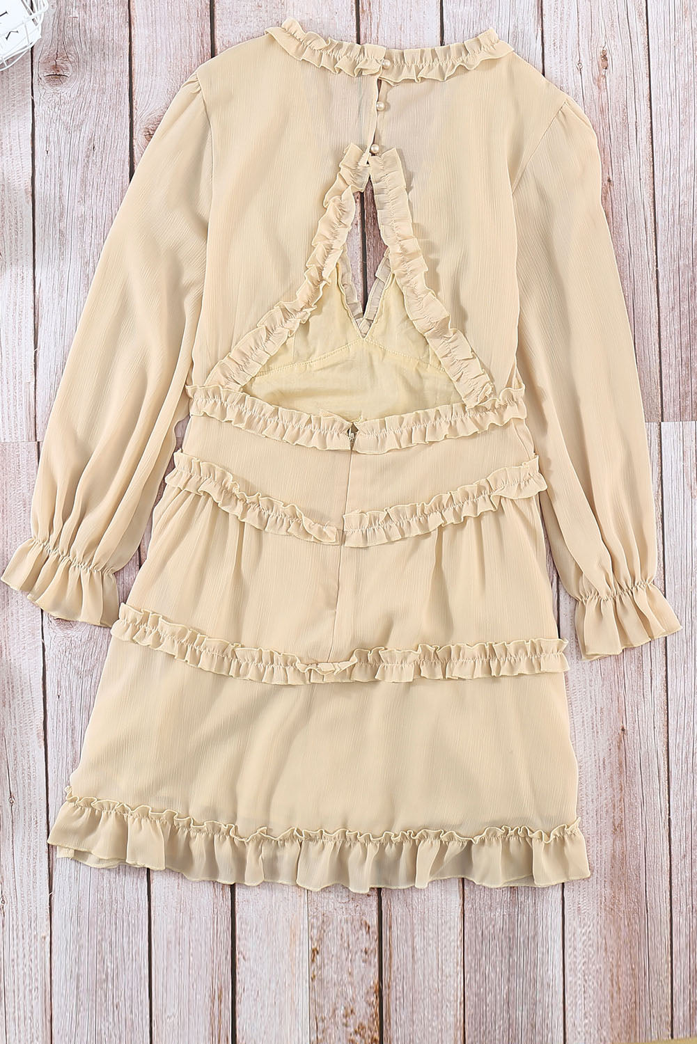 Women's Dress Featuring Beige V Neck Ruffle-Trimmed Detailing Open-Back Long-Sleeve
