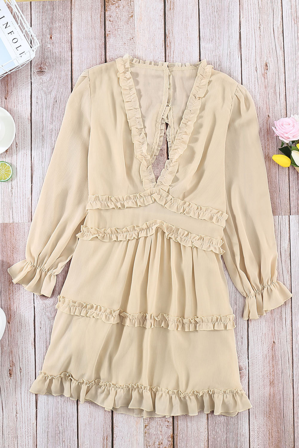 Women's Dress Featuring Beige V Neck Ruffle-Trimmed Detailing Open-Back Long-Sleeve