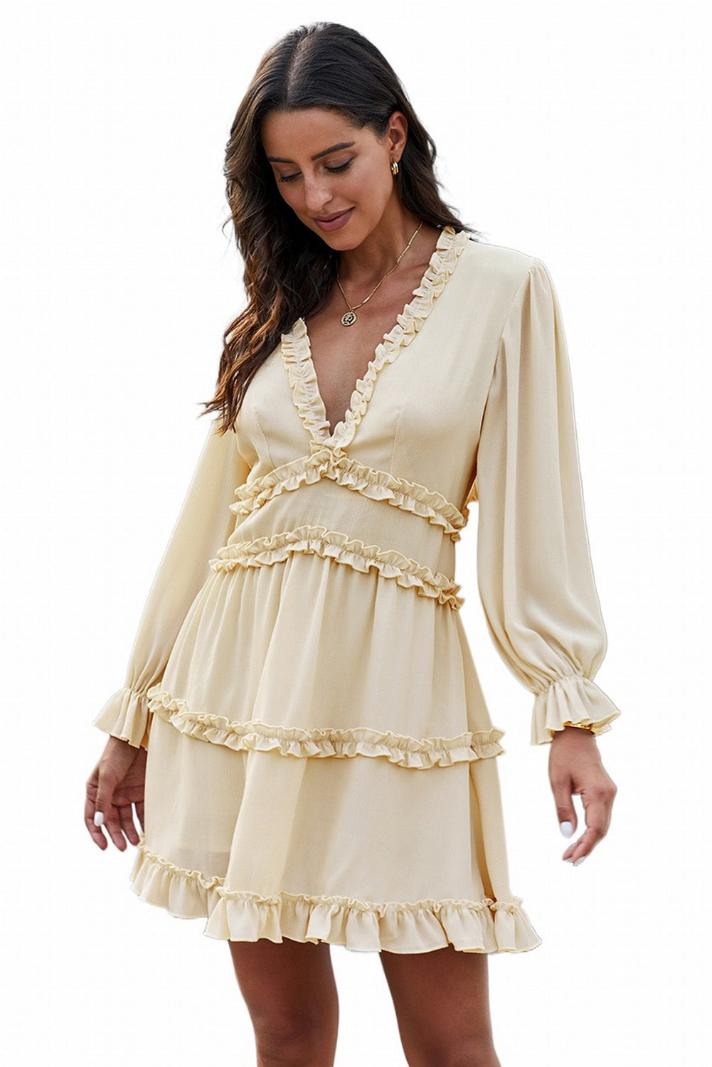 Women's Dress Featuring Beige V Neck Ruffle-Trimmed Detailing Open-Back Long-Sleeve