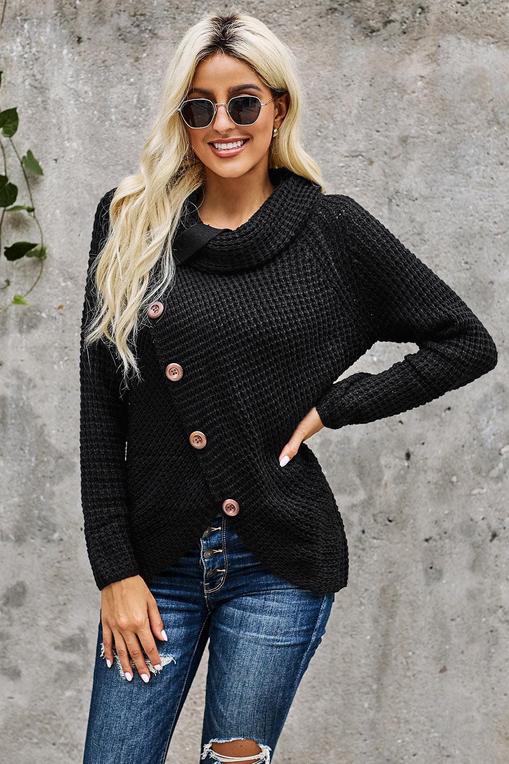 Women's Turtleneck Sweater with Black Button-Front Wrap