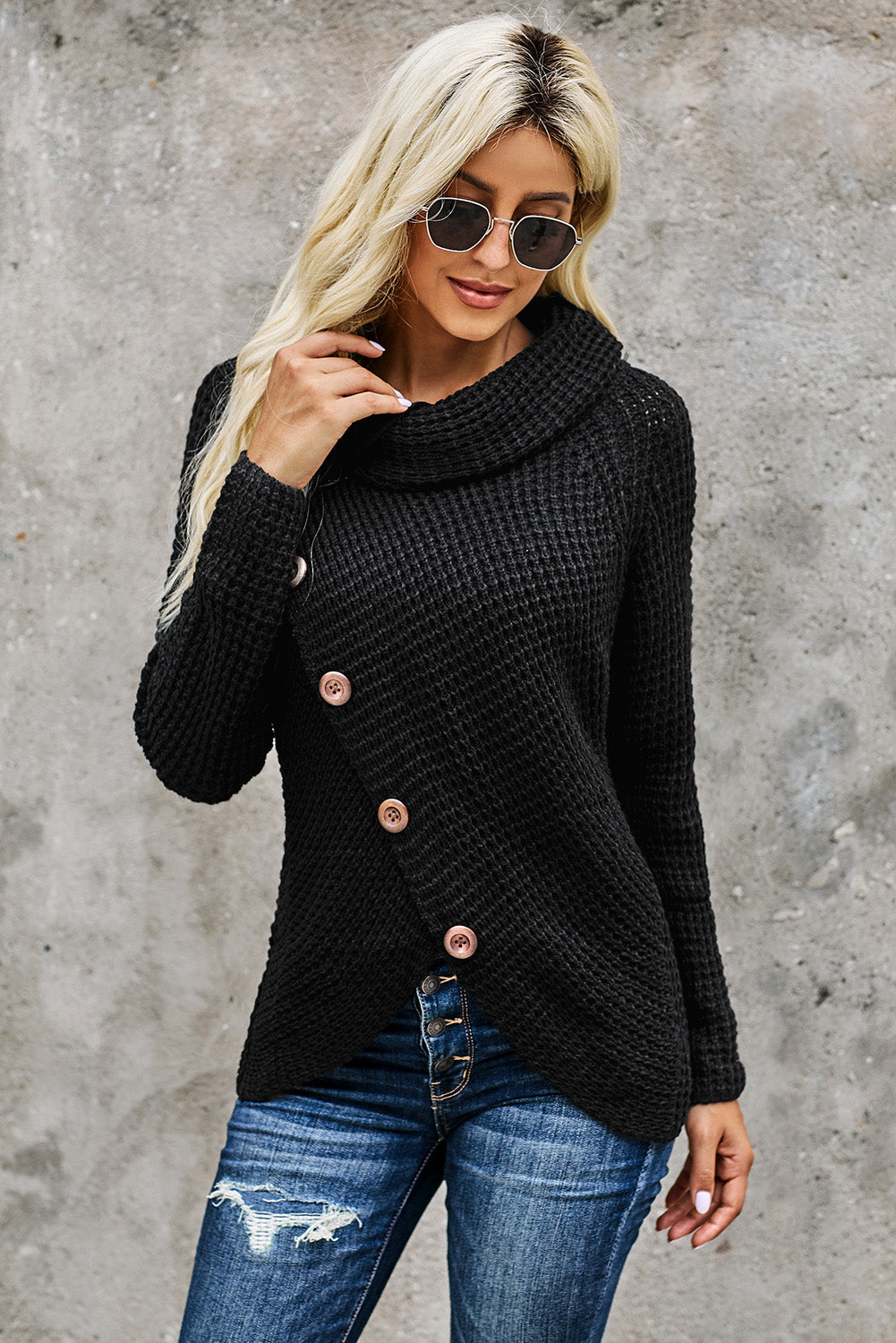 Women's Turtleneck Sweater with Black Button-Front Wrap