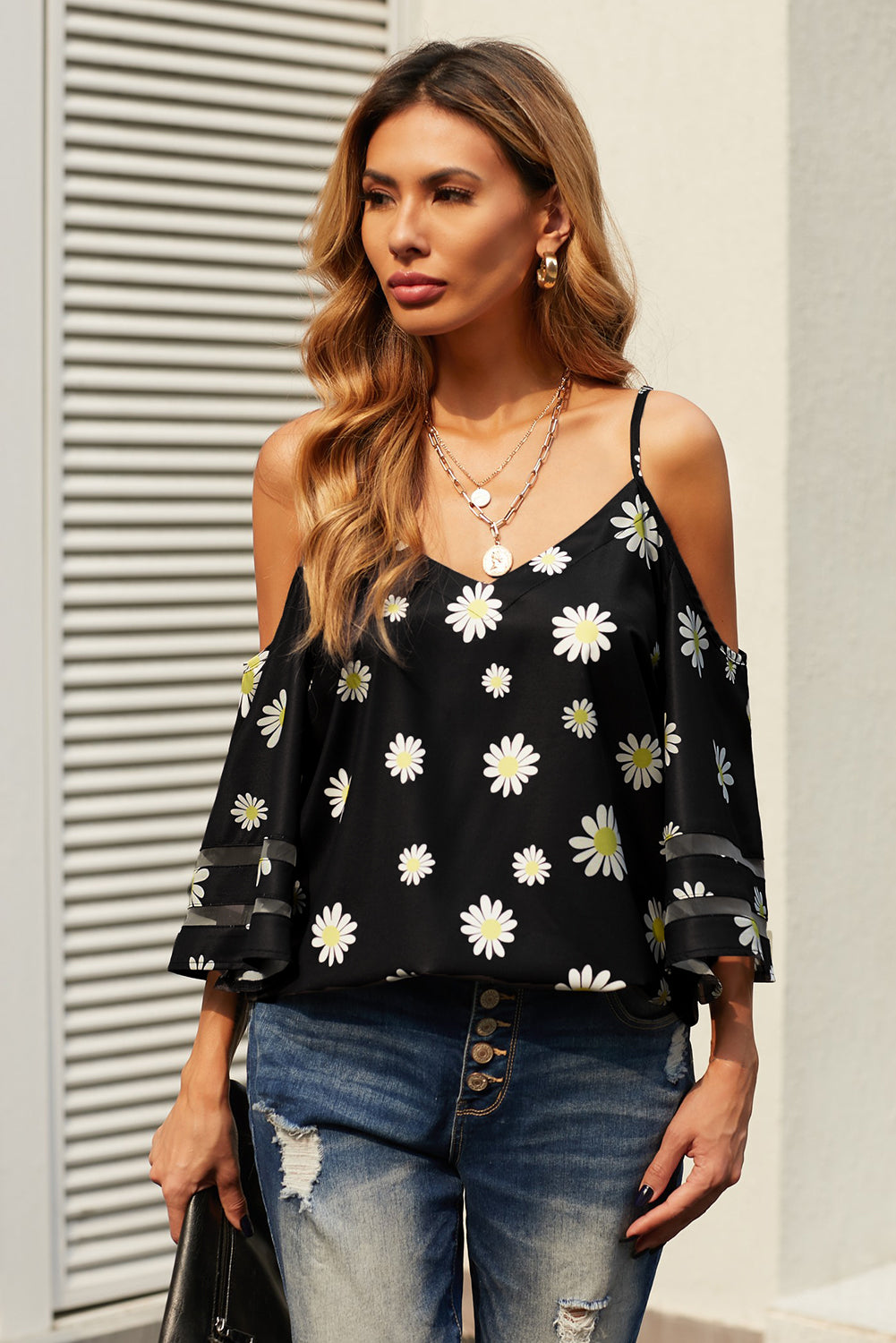 Women's Black Daisy Floral-Print Cold Shoulder Blouse