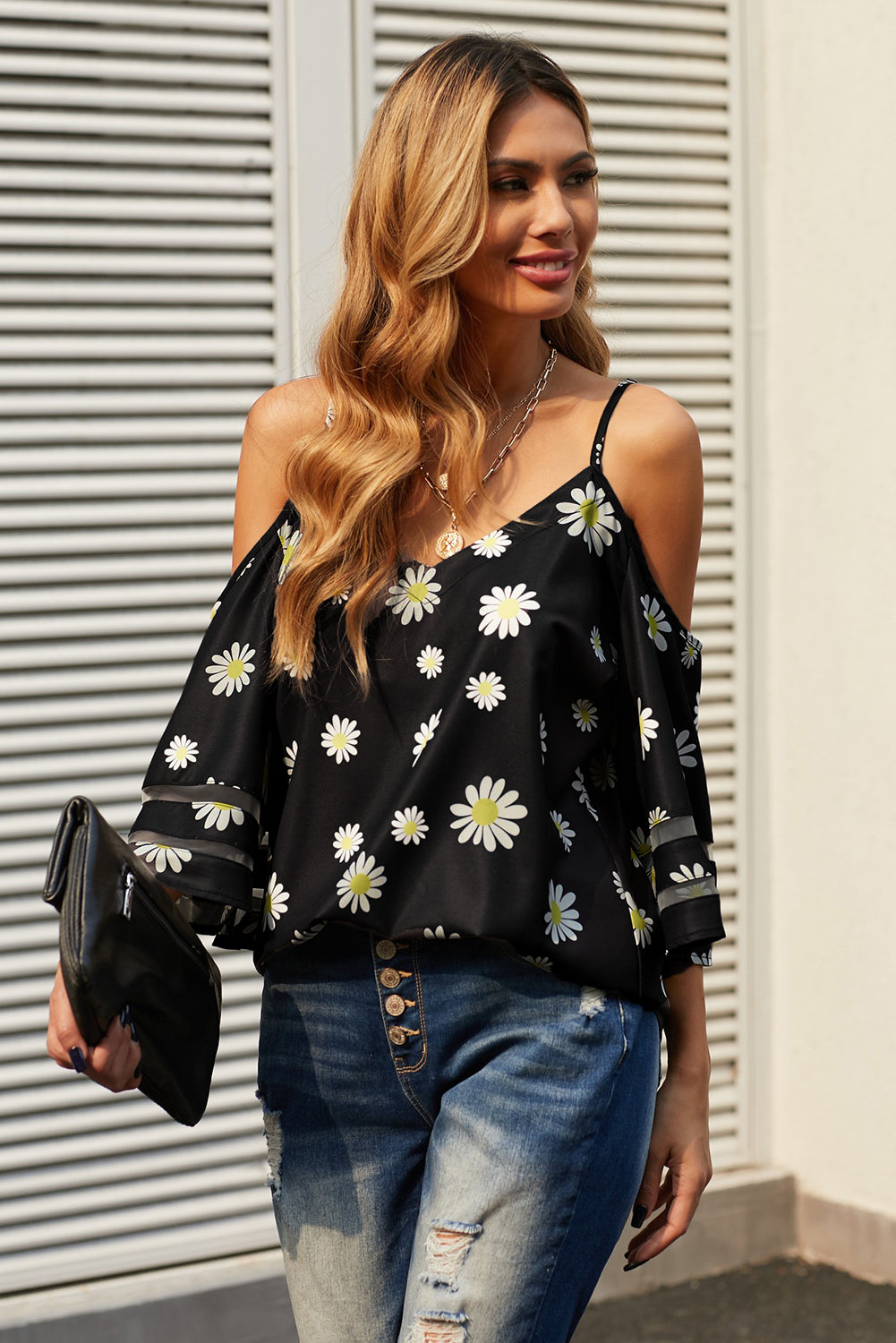 Women's Black Daisy Floral-Print Cold Shoulder Blouse
