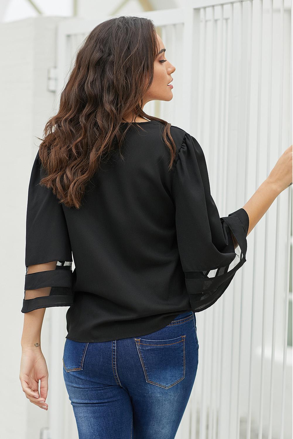 Women's Blouse with Loose Women's Chiffon Black Flare Sleeve V Neck