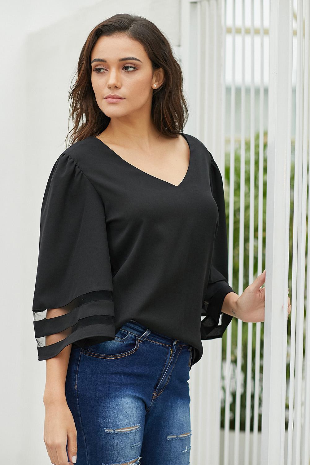 Women's Blouse with Loose Women's Chiffon Black Flare Sleeve V Neck