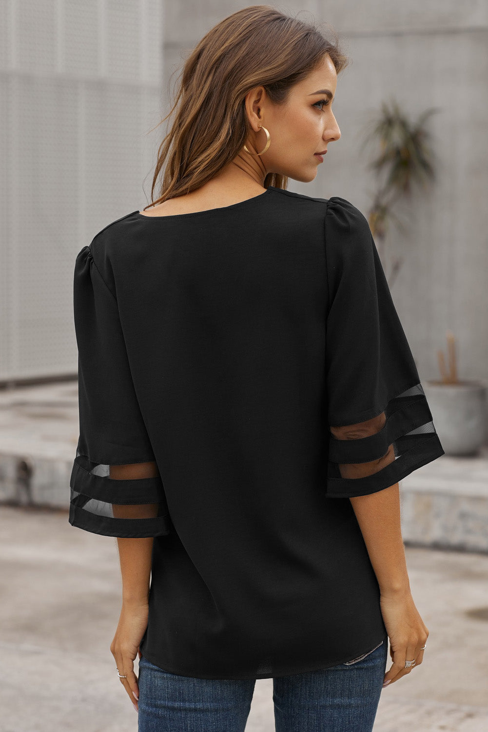 Women's Blouse with Loose Women's Chiffon Black Flare Sleeve V Neck