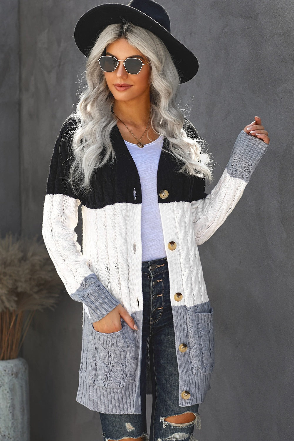 Women's Knit Cardigan with Button Pocket Black Gray Color-Block