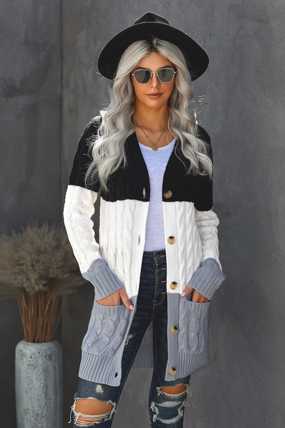 Women's Knit Cardigan with Button Pocket Black Gray Color-Block