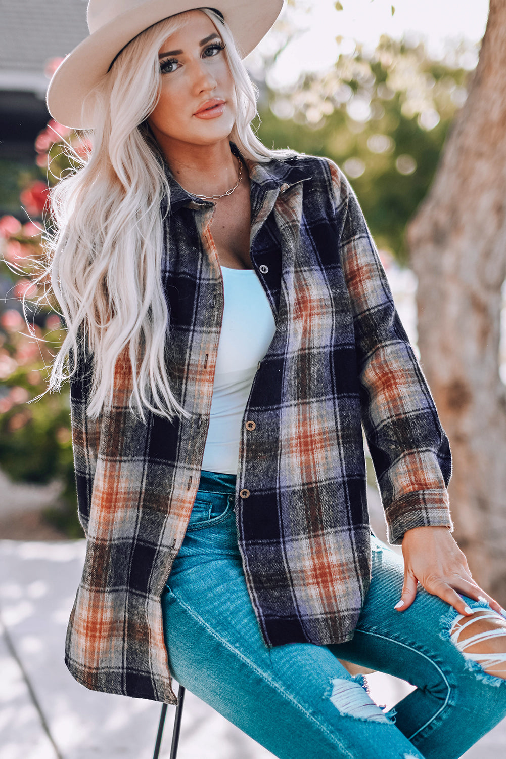 Shirt for Women Oversize Rounded Hem Slit Plaid