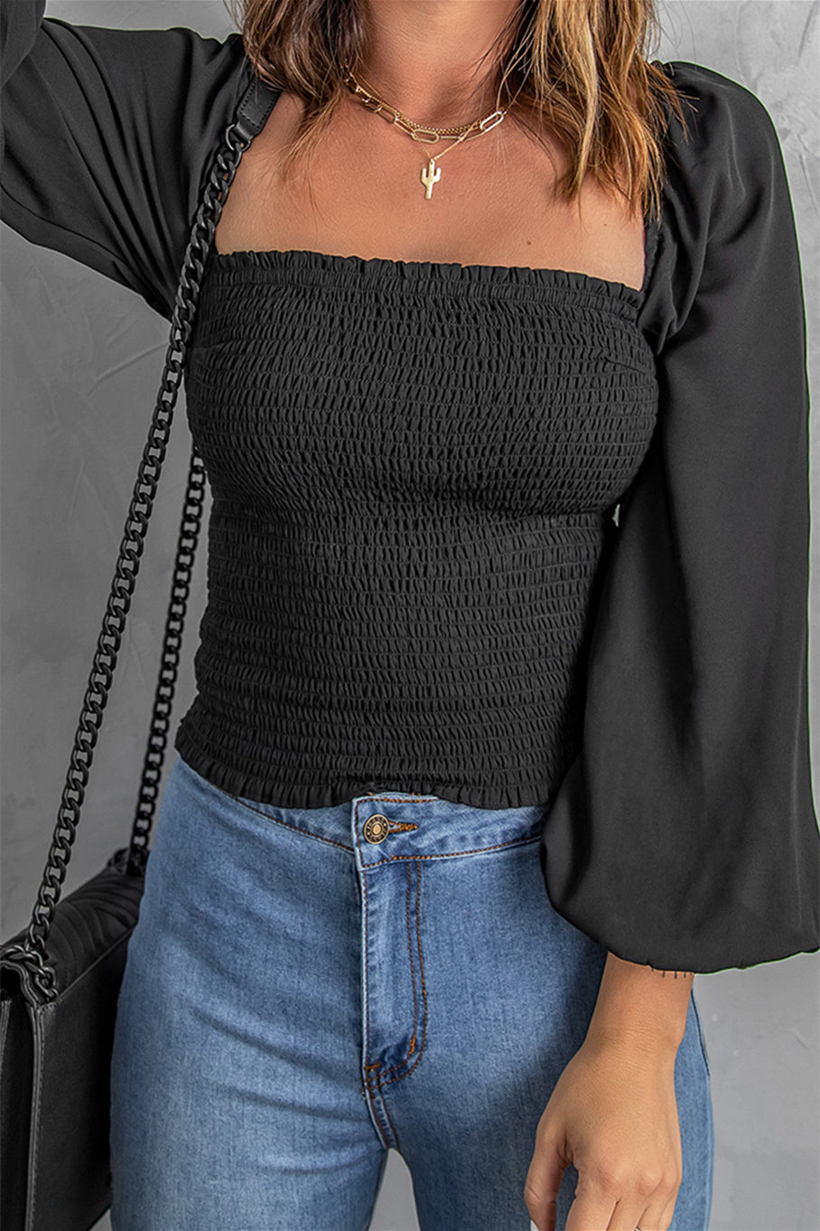 Women's Top with Black Balloon Sleeve Shirred