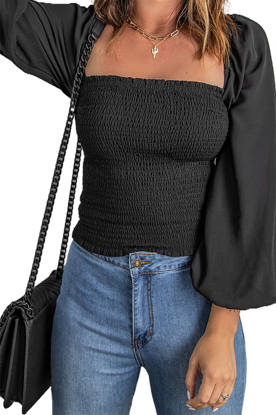 Women's Top with Black Balloon Sleeve Shirred