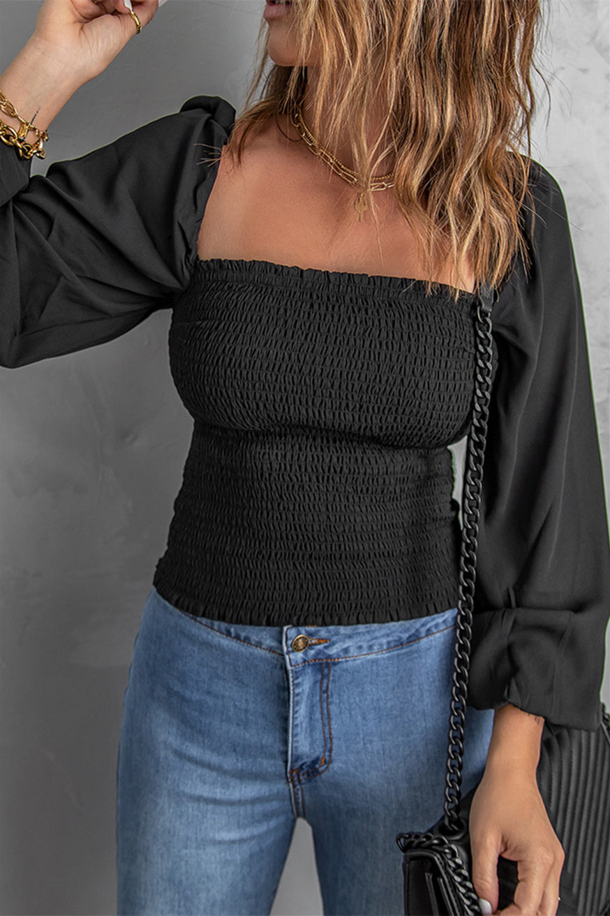 Women's Top with Black Balloon Sleeve Shirred