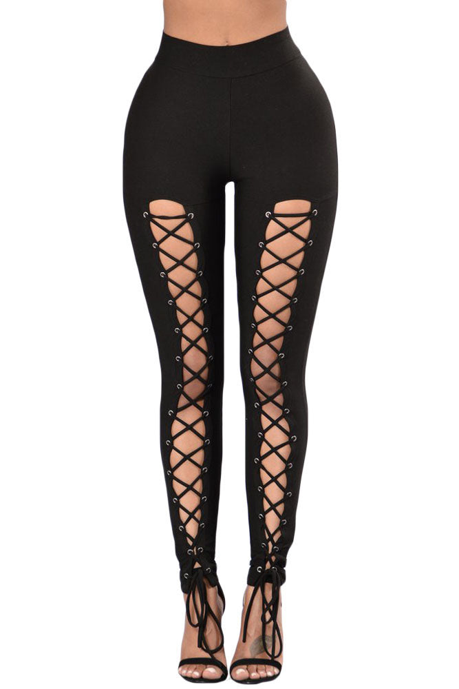 Women's Leggings with Black Grommet Lace-Trimmed Up Front High-Rise