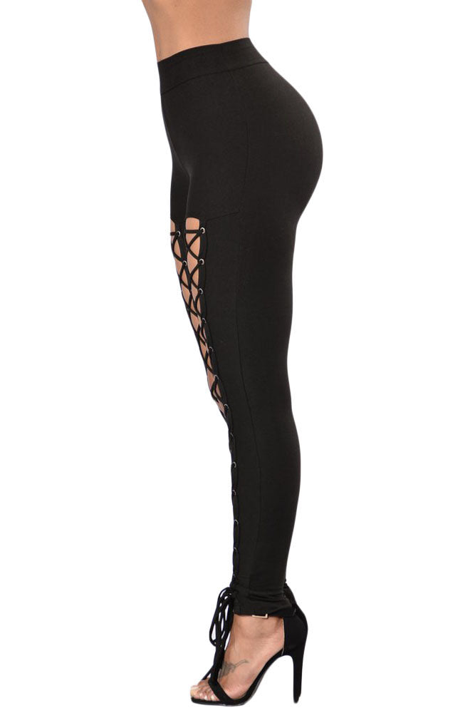 Women's Leggings with Black Grommet Lace-Trimmed Up Front High-Rise