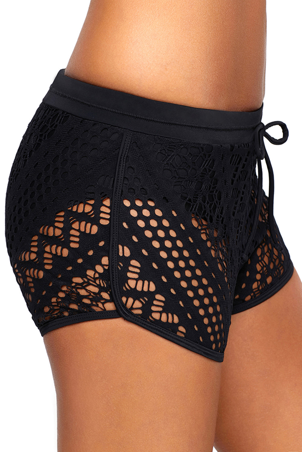 Bottom for Women Black Openwork Lace-Trimmed Overlay Swim Short