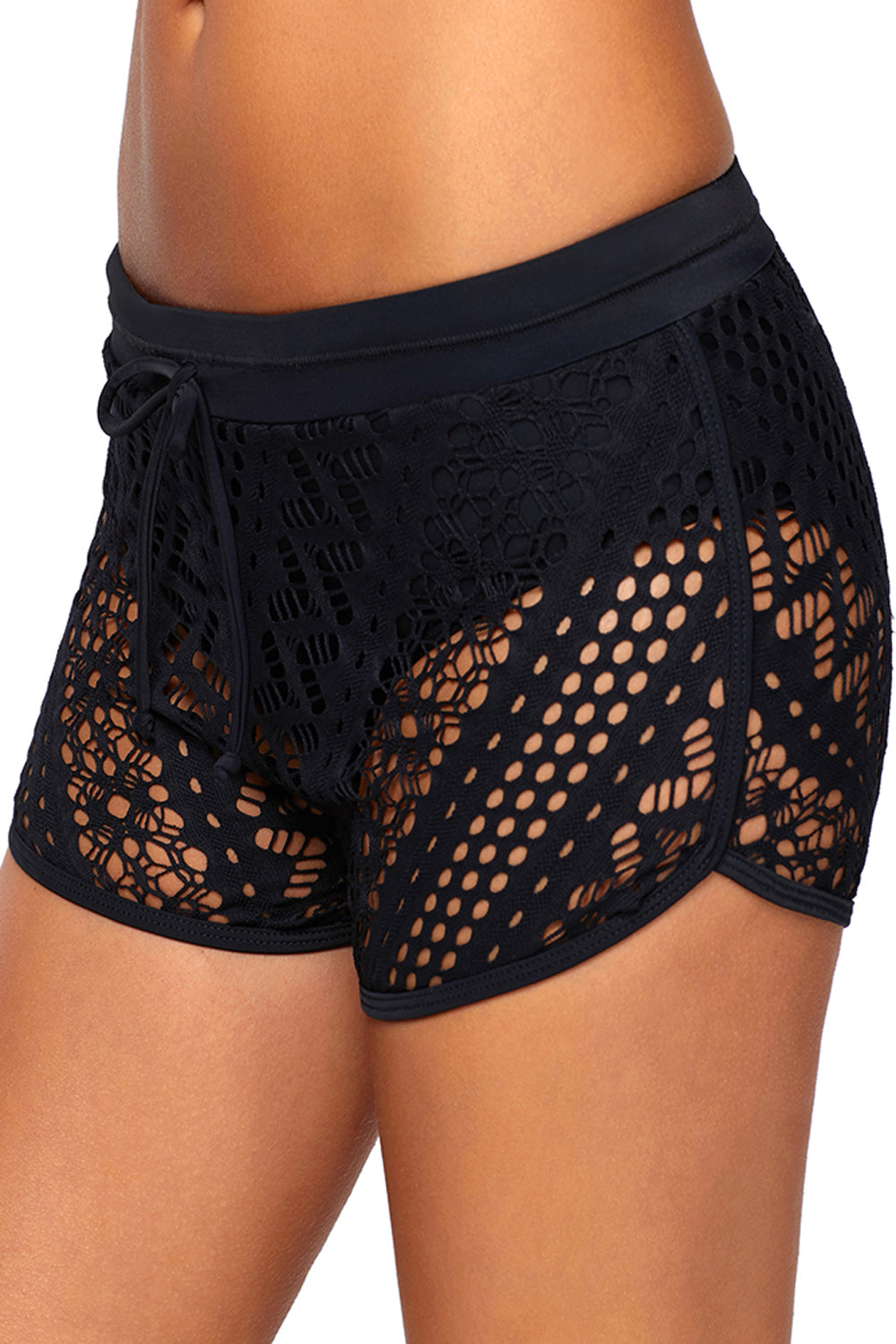 Bottom for Women Black Openwork Lace-Trimmed Overlay Swim Short