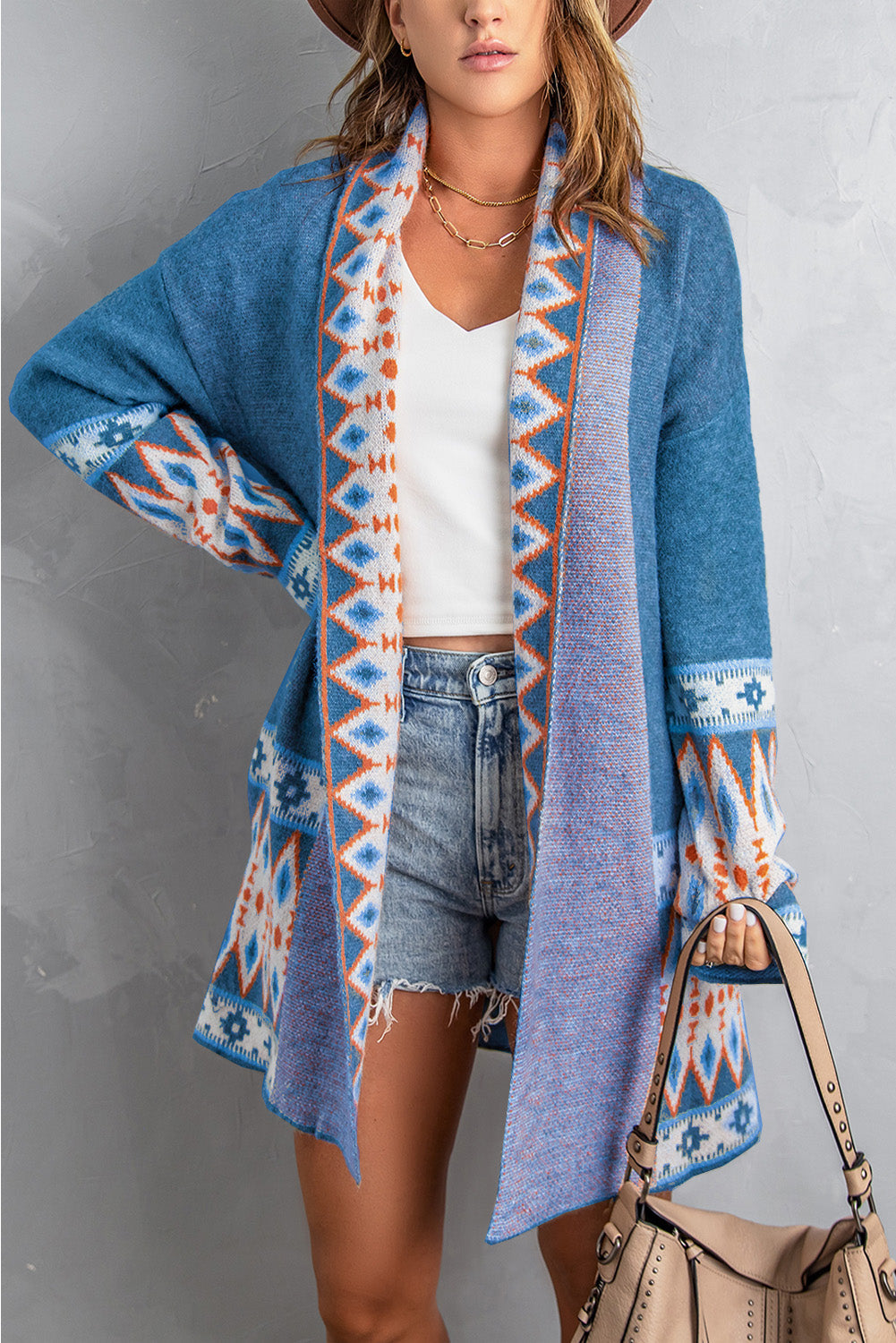 Women's Blue Aztec-Pattern Cardigan