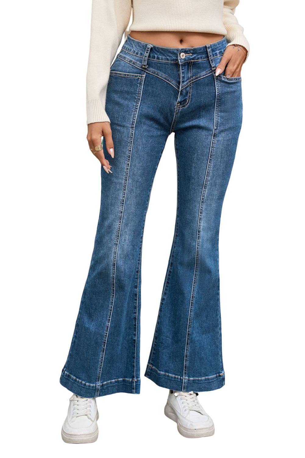 Women's Flare Jeans Featuring Seam Stitching Pocket Blue High-Rise