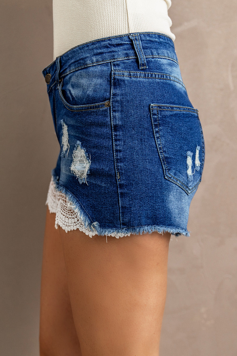 Women's Jean Lace-Trimmed Distressed Shorts