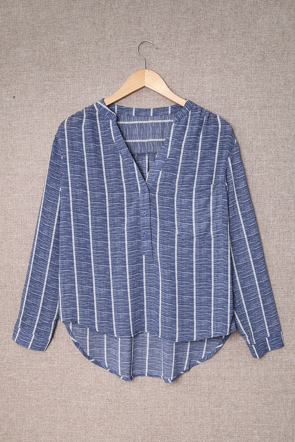 Women's Pocket Long-Sleeve Blue Striped V Neck Tops