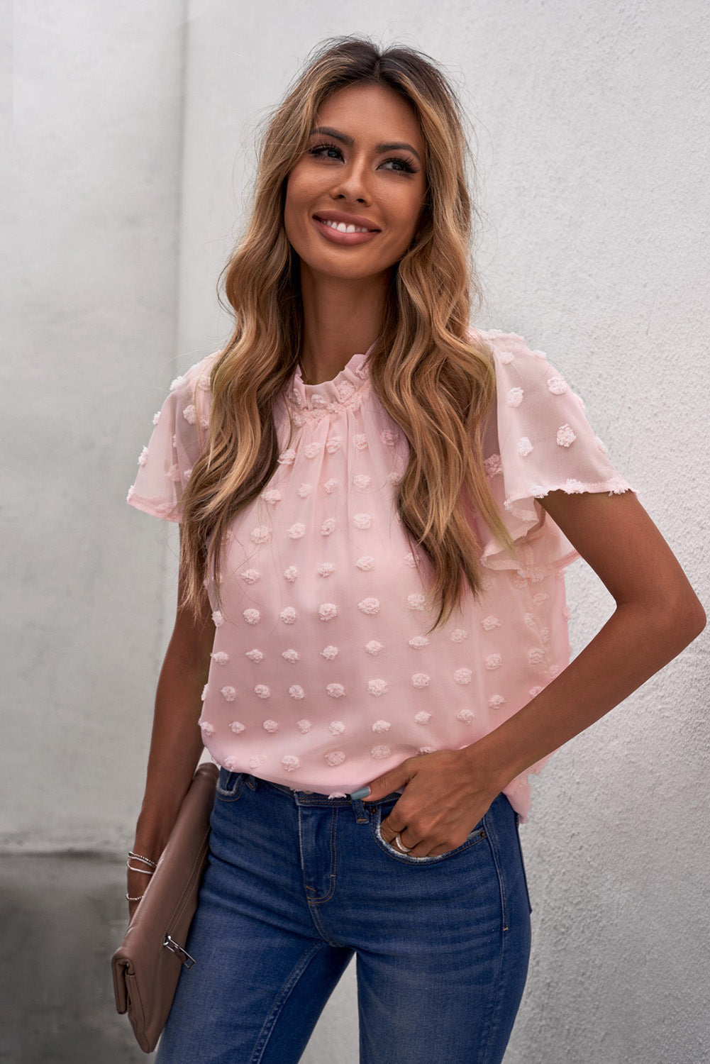 Women's Blouse Featuring Swiss Dot Blush Pink Ruffle-Trimmed Sleeve