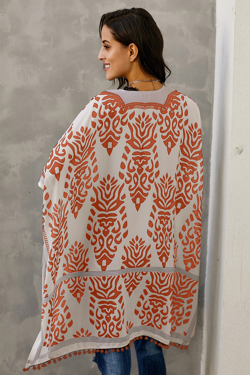 Women's Kimono Featuring Bohemian Orange Prowess Pom Pom