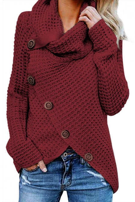 Women's Turtleneck Sweater with Wrap Burgundy Button-Front